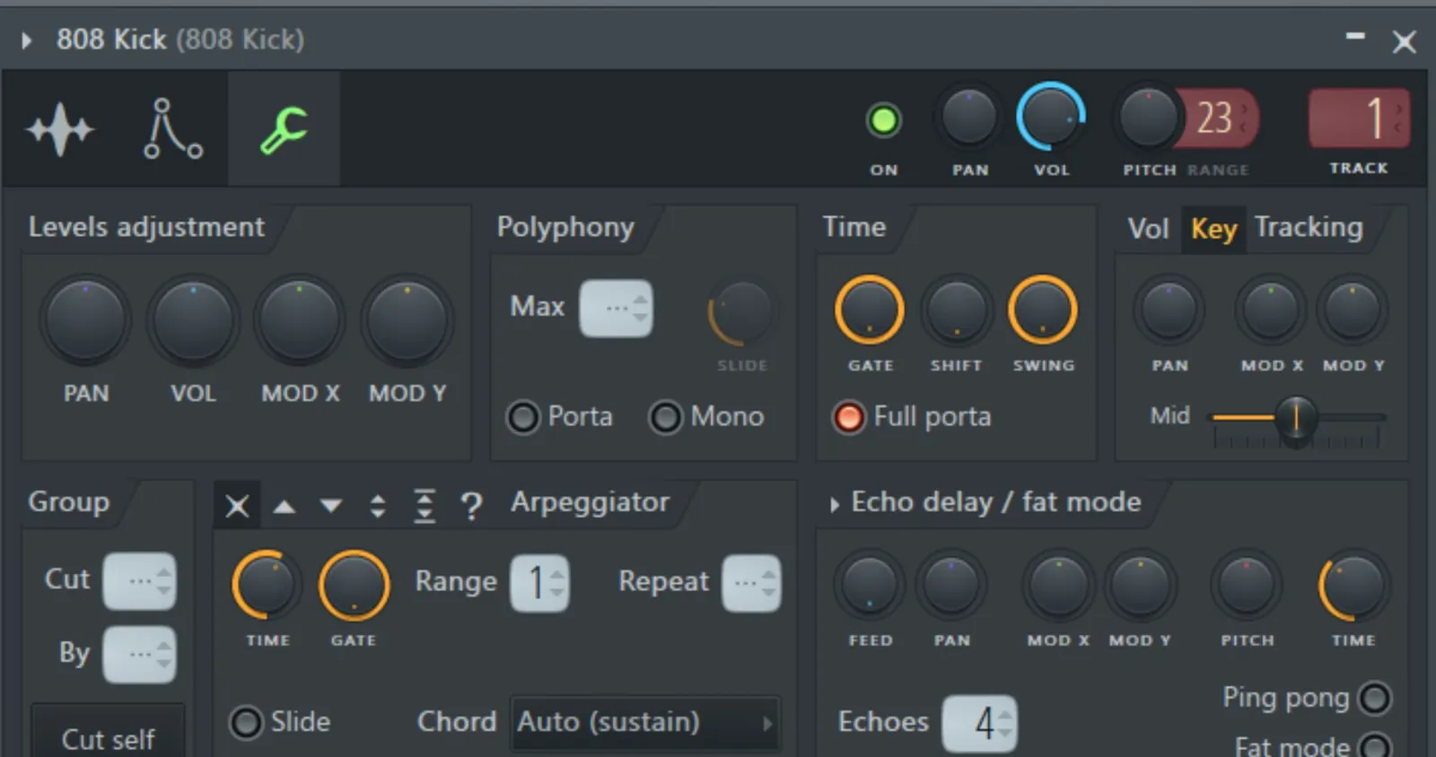 Réglages de canal d'un 808 Kick dans FL Studio : niveaux, polyphonie, arpégiateur, écho