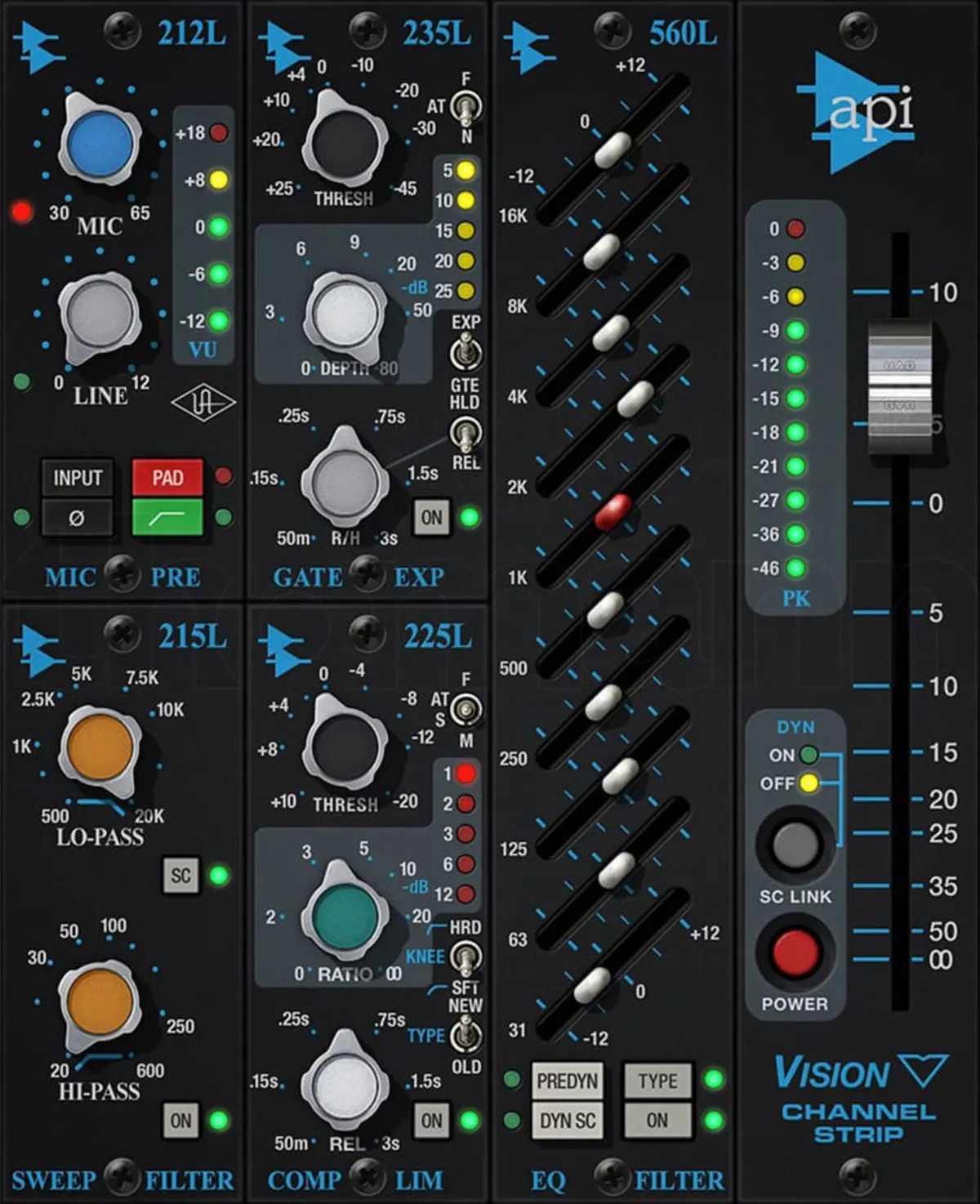 Tranche de console de mixage : préampli, filtres, compresseur et égaliseur