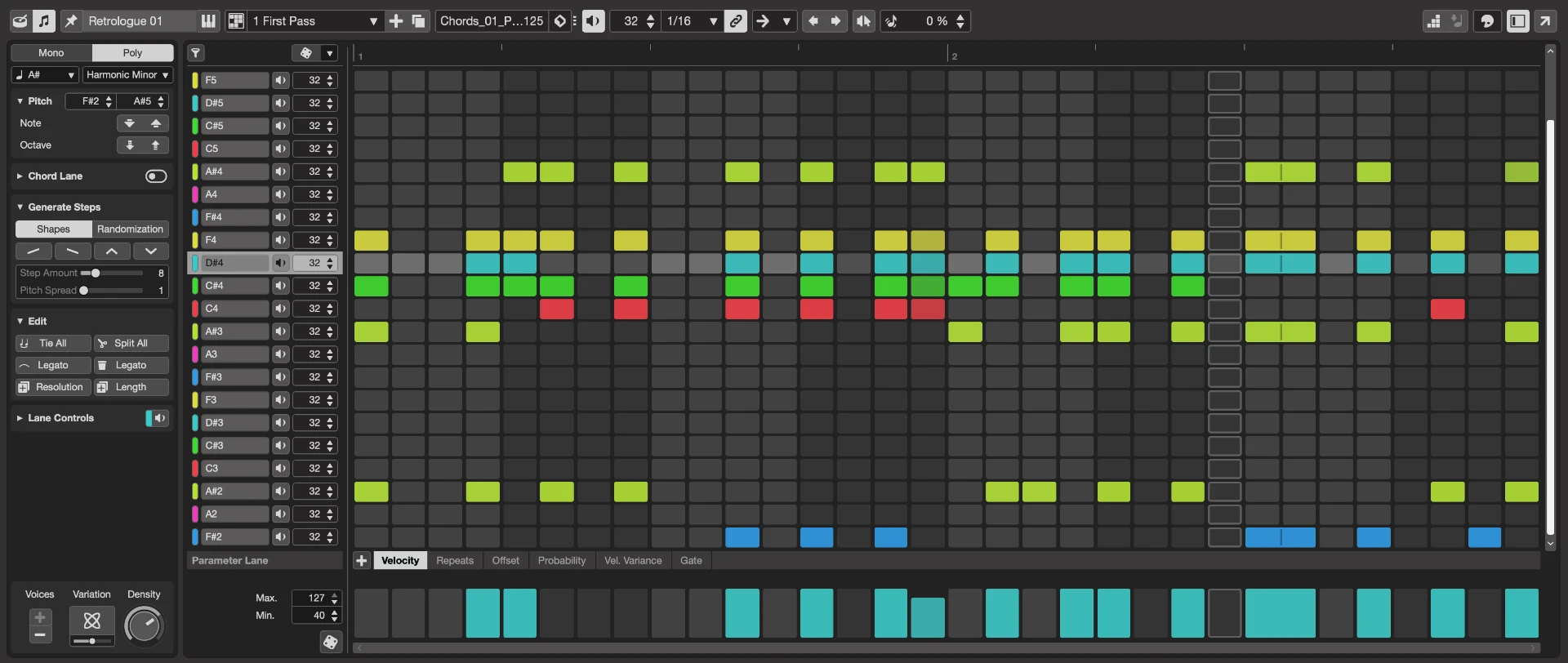 Éditeur de patterns Cubase : notes, accords et vélocité