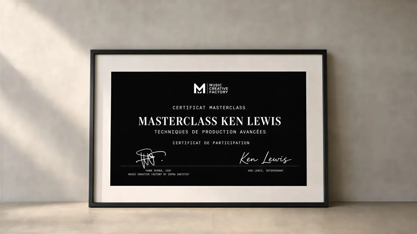 Certificat de participation Music Creative Factory de la masterclass Ken Lewis, encadré