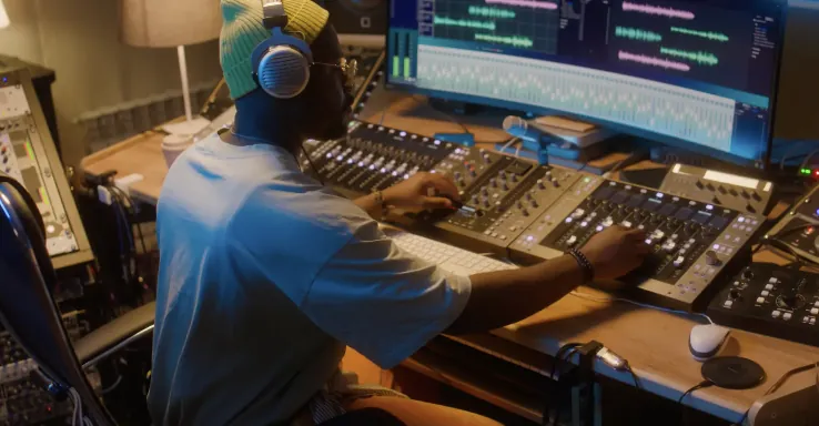 Technicien son au casque mixant sur une console et une station audionumérique en studio