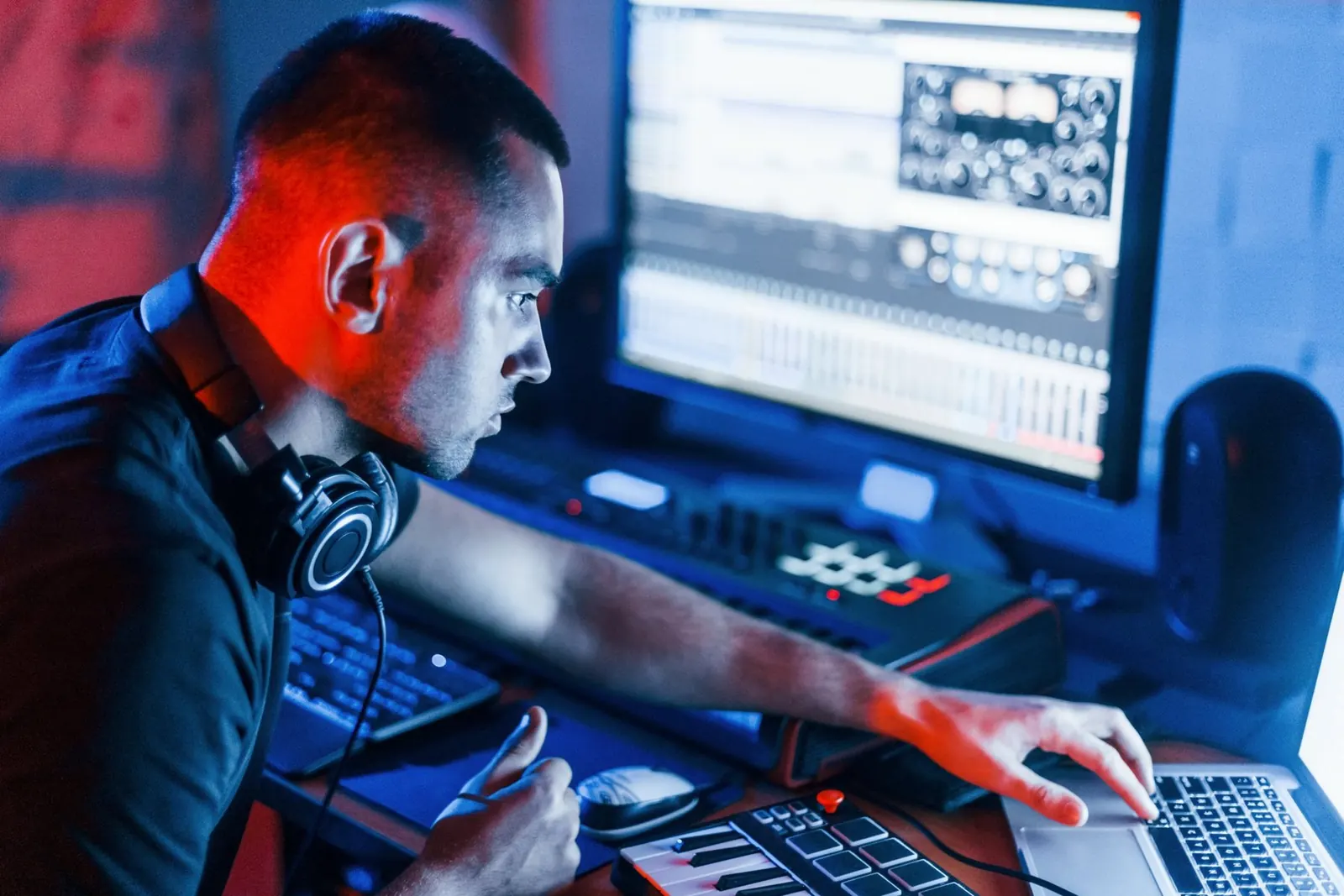 Producteur concentré devant sa session, casque autour du cou, clavier MIDI et pads