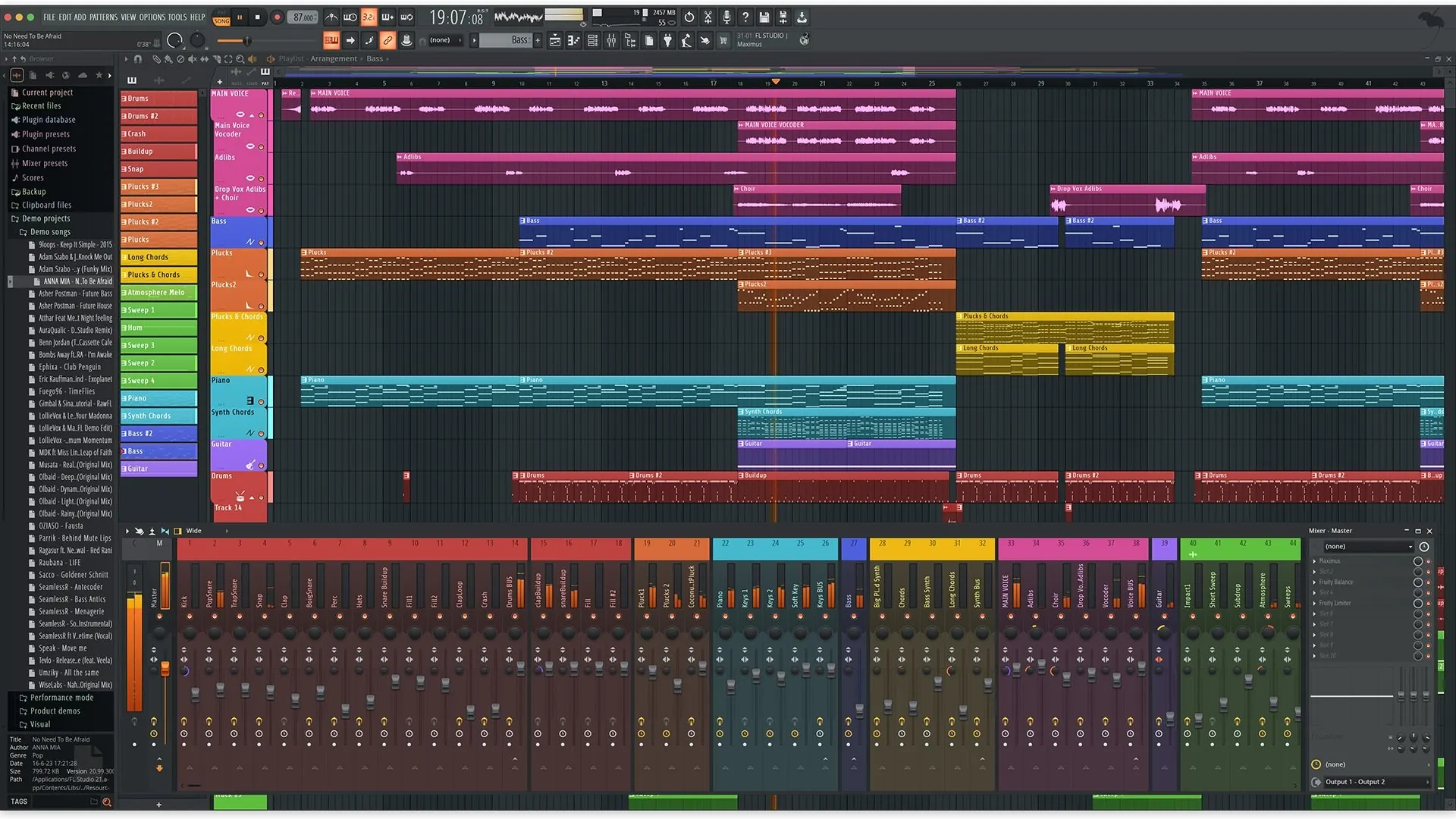 Session FL Studio : playlist d'arrangement et table de mixage