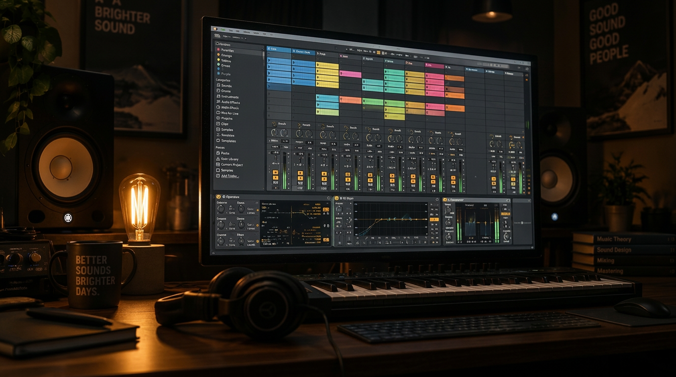 Session de production musicale affichée à l'écran dans un studio, clavier MIDI et casque sur le bureau