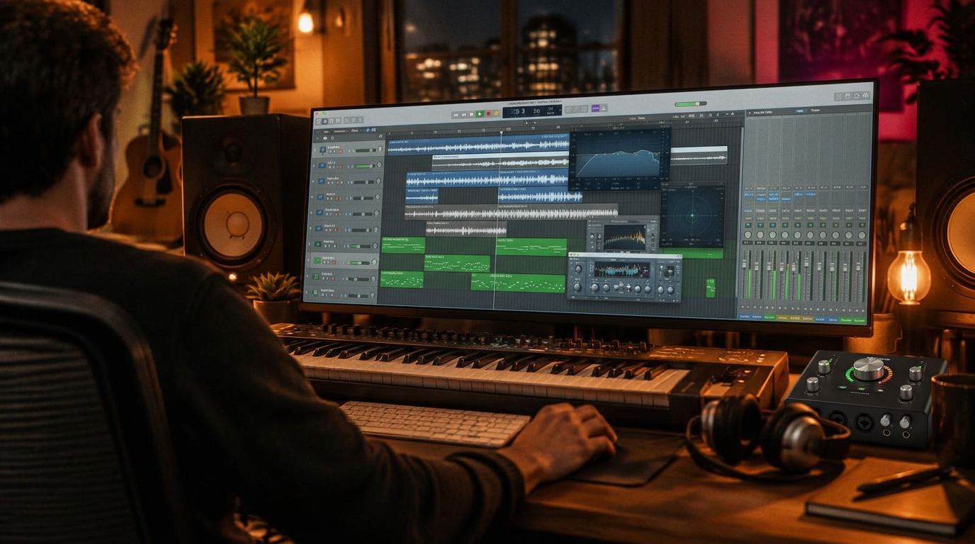 Session de production musicale affichée à l'écran dans un studio, clavier MIDI et casque sur le bureau